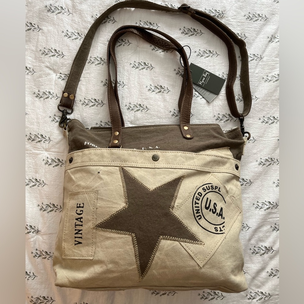 Vintage USA Star Canvas Tote Bag - Brown and Cream